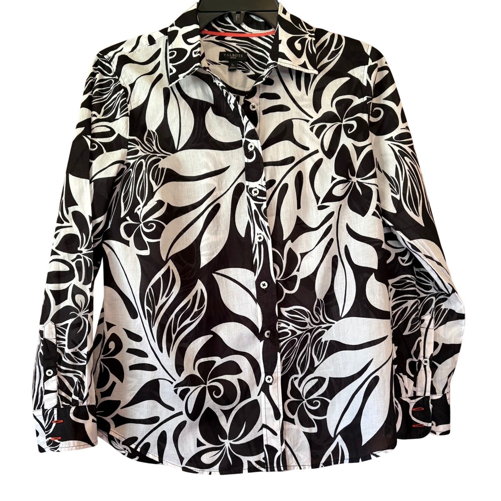 Talbots‎ Women Cotton Top PS Sheer Floral Button Down Shirt Black White Travel